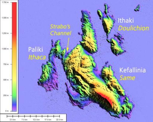 Fig 1 Kefalonia showing tthe Paliki peninsula and the Thinia Valley in which the boreholes are located. The yellow subscript gives the probable names of the respective islands if a marine seaway (Strabo) existed in Thinia 3000 years ago.